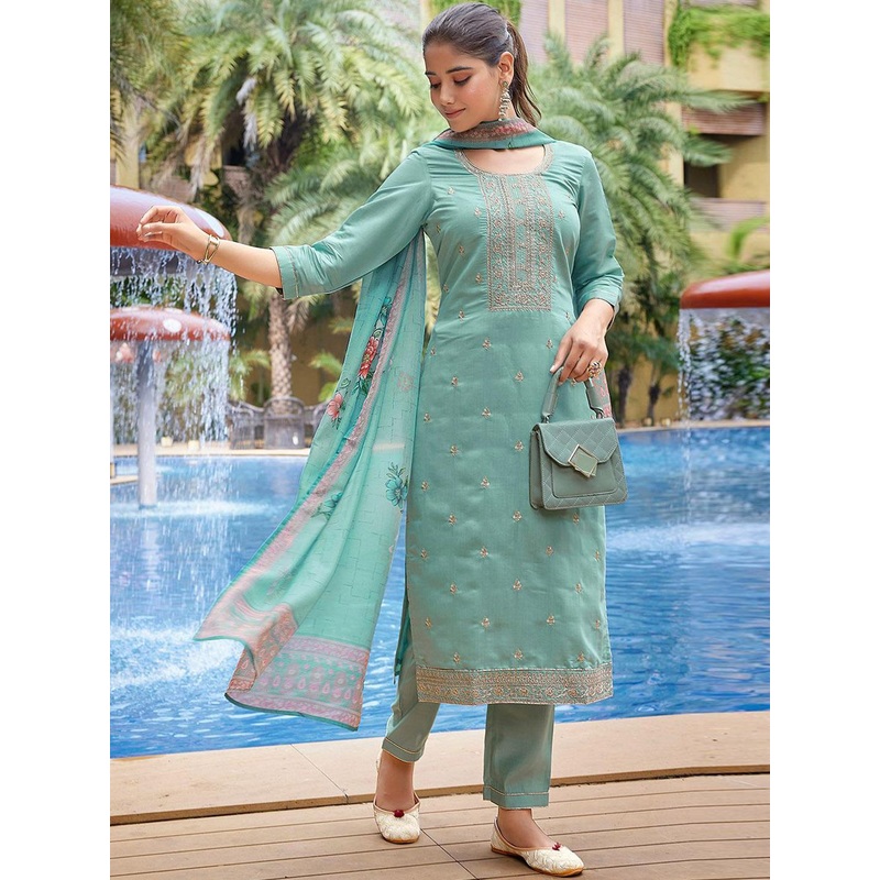Royal Export Floral Embroidered Sequinned Straight Kurta With Trouser & Dupatta