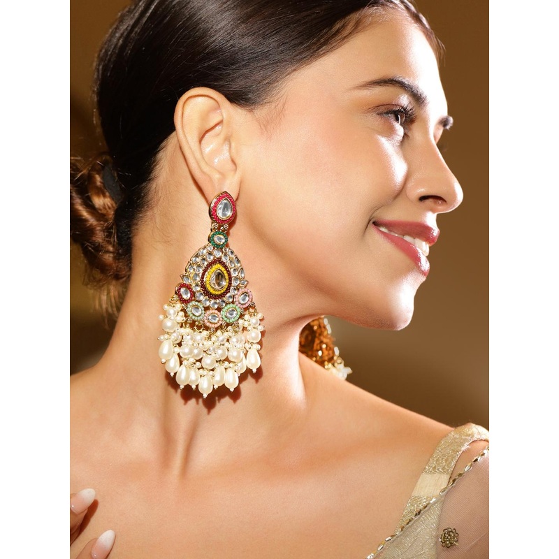Rubans 22K Gold Plated Kundan Studded & Beaded Classic Chandbalis