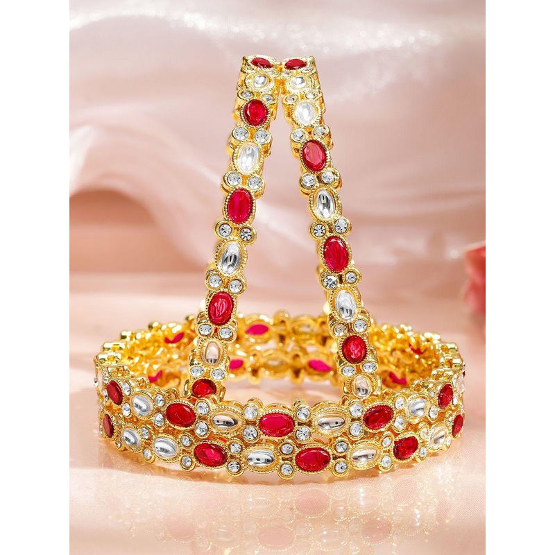 Rubans Set of 4 18K Gold-Plated Ruby Pink & White Kundan Studded Zirconia Bangles