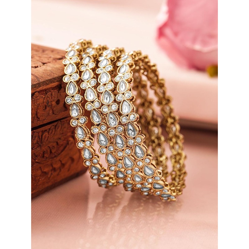 Rubans Set of 4 18K Mehandi Gold-Plated Kundan & Cubic Zirconia Studded Designer Bangles