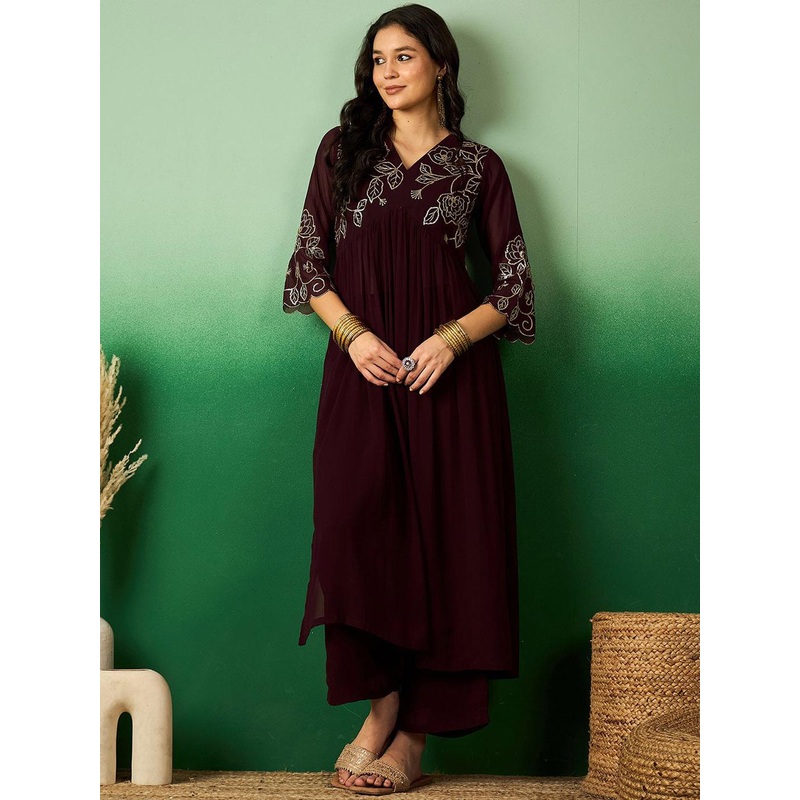 Sangria Brown Floral Embroidered V-Neck A-Line Kurta With Palazzo Set