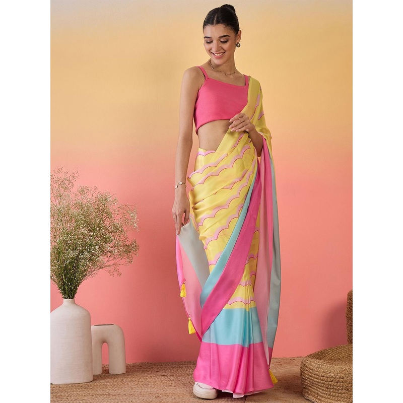 Sangria Colourblocked Satin Saree With Unstitched Blouse