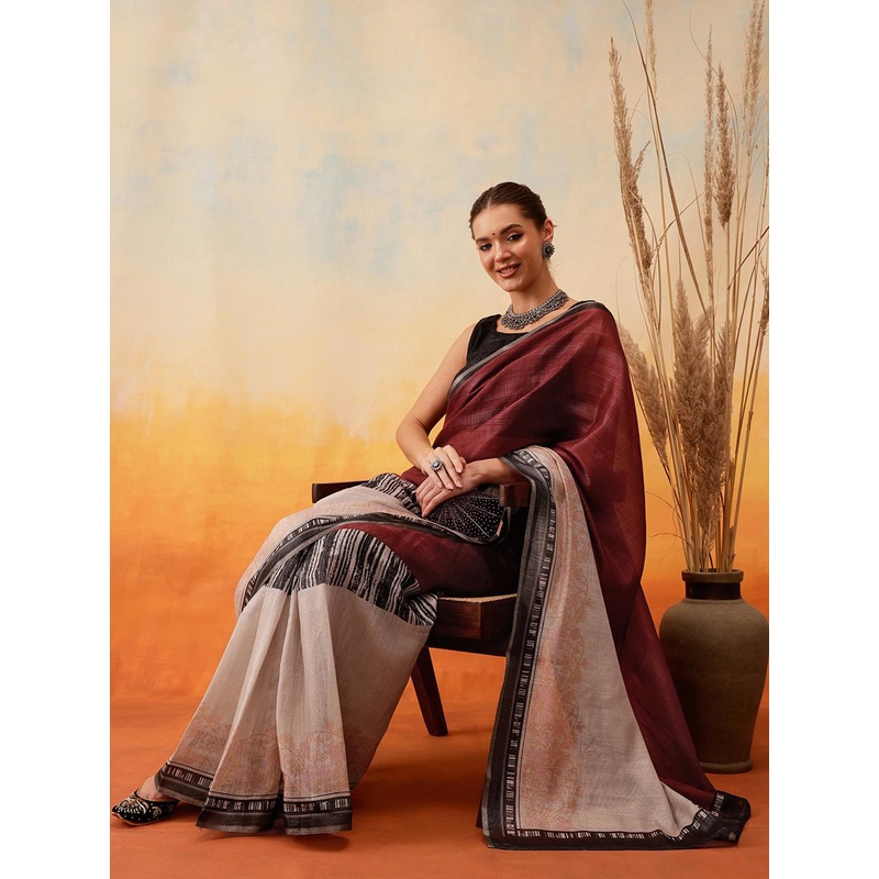 Silk Land Abstract Printed Half & Half Ready to Wear Tussar Saree