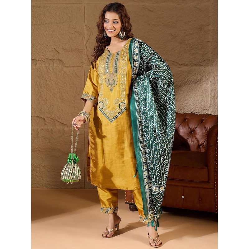 VredeVogel Women Bandhani Embroidered Kurta with Trousers & Dupatta