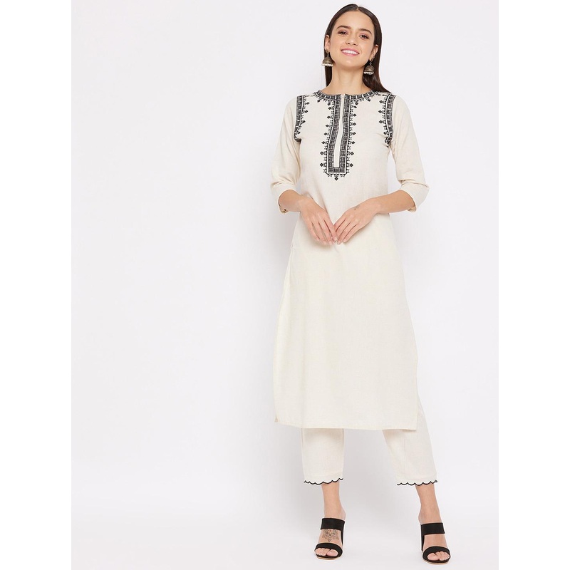WineRed Women Off-White Pure Cotton Kurta with Trousers