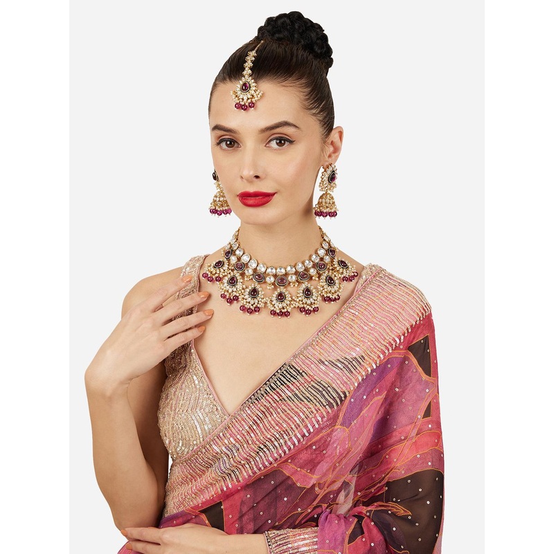 Zaveri Pearls Gold-Plated Artificial Stones Studded & Beaded Necklace & Earrings