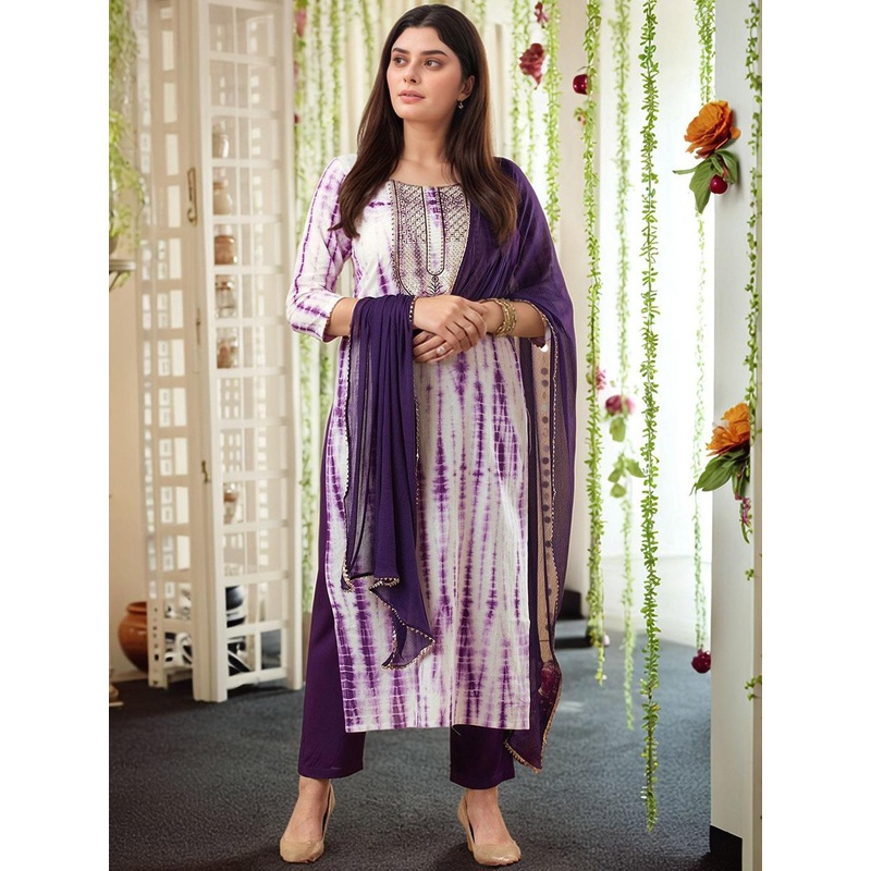 Aaghnya Tie & Dyed Sequinned Straight Kurta With Trousers & Dupatta