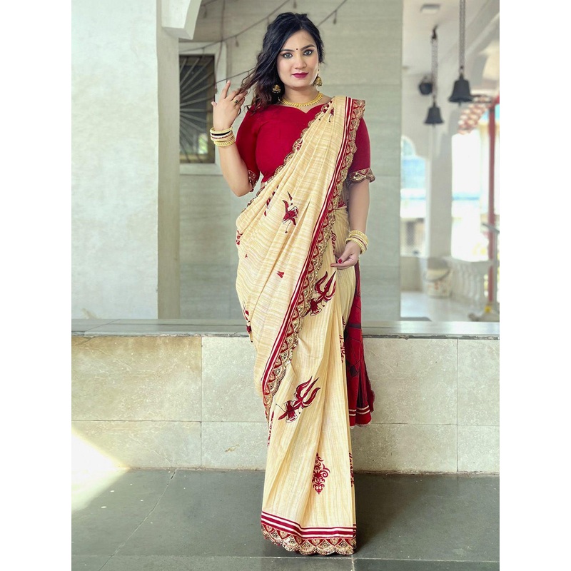 Anouk Ethnic Motifs Beads and Stones Block Print Saree with Matching Blouse