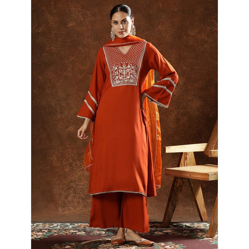 Anouk Ethnic Motifs Embroidered Sequinned V-Neck A-Line Kurta With Palazzos & Dupatta