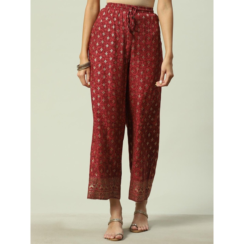 Biba Women Rust & Gold-Toned Ethnic Motifs Printed Ethnic Palazzos