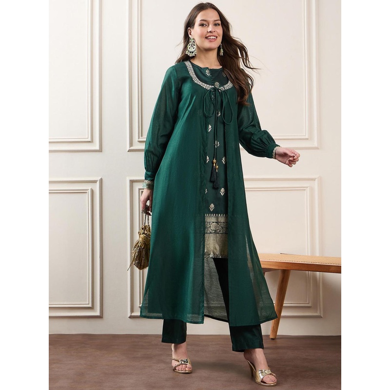 House of Pataudi Woven Design Straight Kurta & Palazzos With Jacket