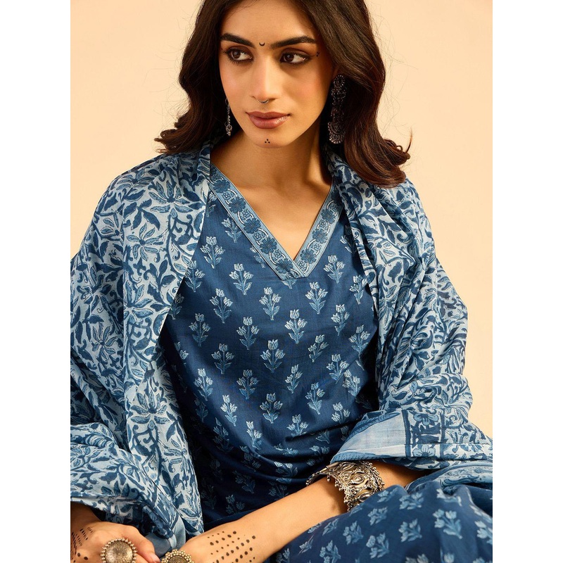 Indo Era Blue Floral Printed V-Neck Pure Cotton Straight Kurta with Palazzo & Dupatta