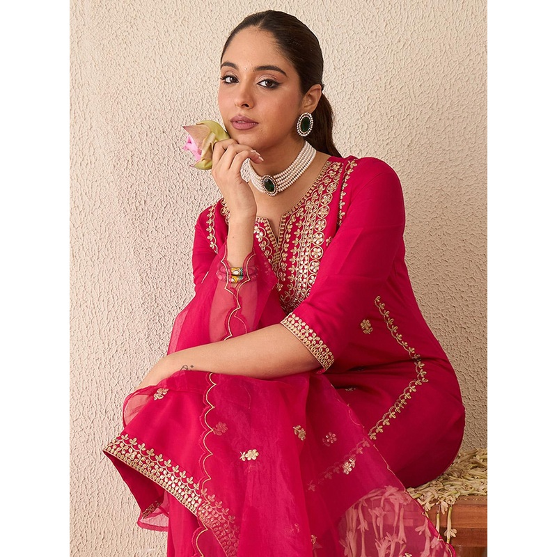 Indo Era Embroidered Gotta Patti Work Notch Neck Kurta With Trousers & Dupatta