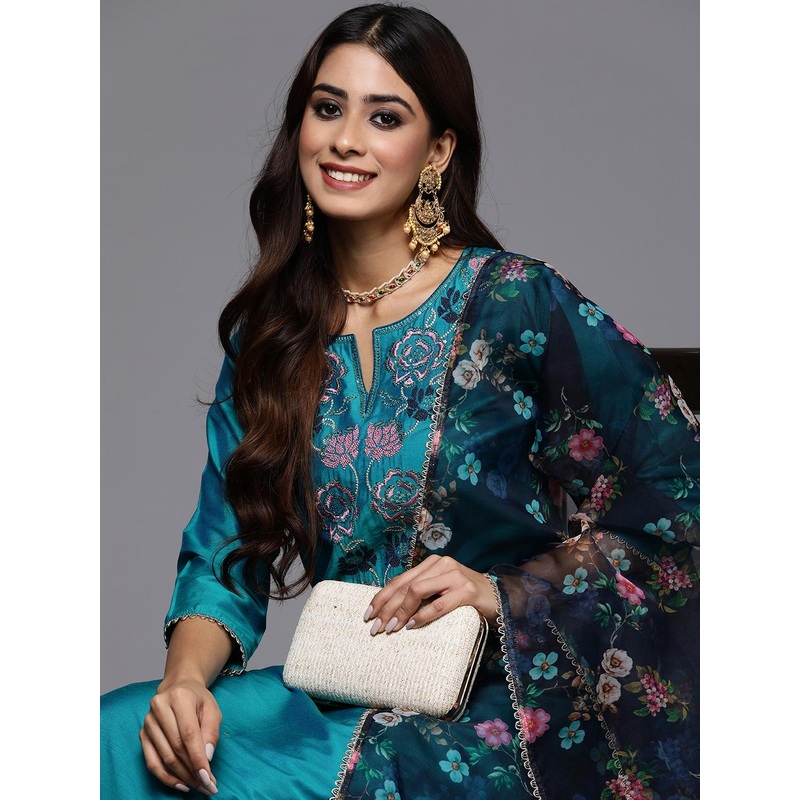 Indo Era Women Teal Floral Embroidered Regular Thread Work Kurta with Trousers & With Dupatta