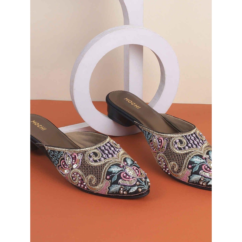 Mochi Women Embellished Pointed Toe Block Mules
