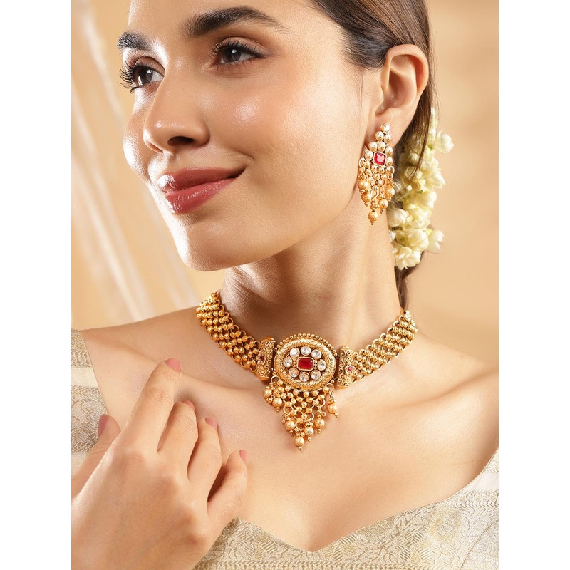 Rubans 22K Gold Plated Ruby & White Kundan Studded Choker Jewellery Set with Golden Beads