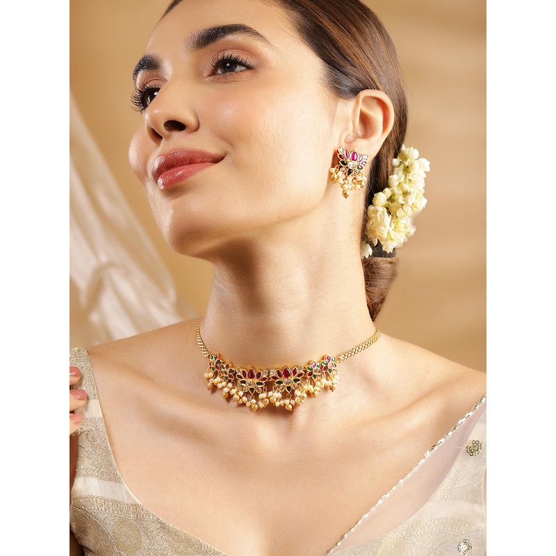 Rubans 22KT Gold-Plated Ruby & Emerald-Studded Pearl-Beaded Choker Set