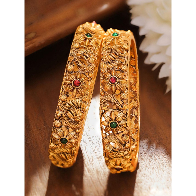 Rubans Set of 2 18K Gold-Plated Emerald Green & Ruby Pink Floral Peacock Design Bangles