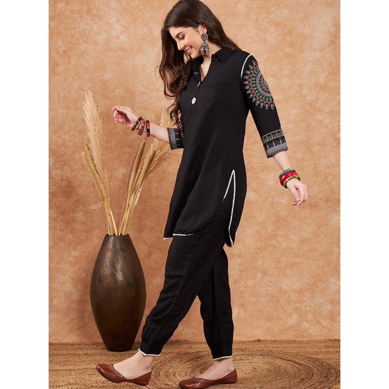 Sangria Black Ethnic Motifs Embroidered Pathani Kurta With Salwar
