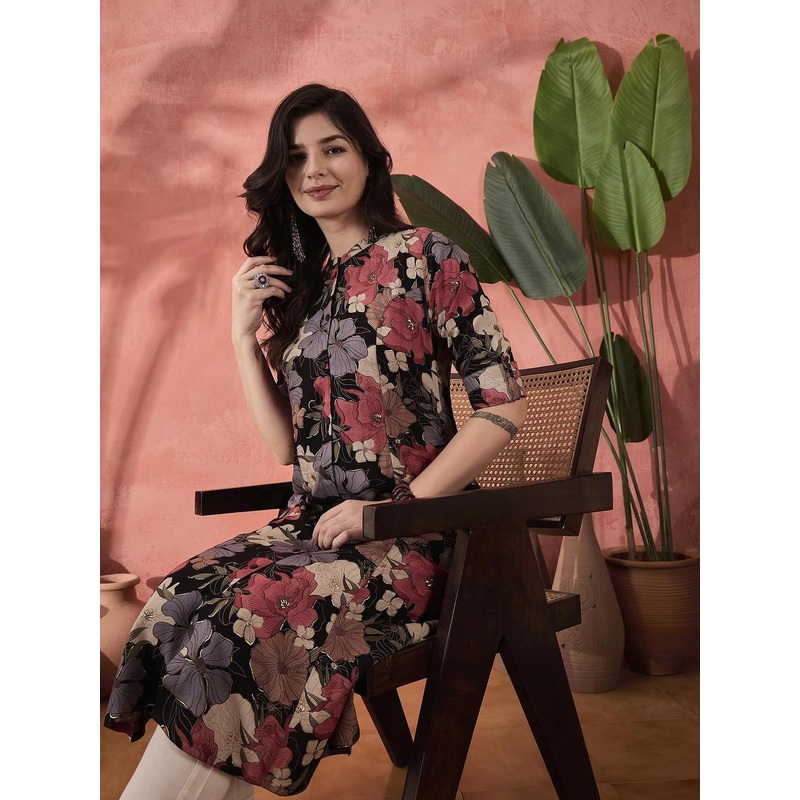 Sangria Black Floral Printed High Slit Mandarin Collar Roll-Up Sleeves A-line Kurta