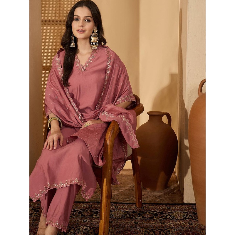 Sangria Zari Embroidered Straight Kurta & Trousers With Dupatta