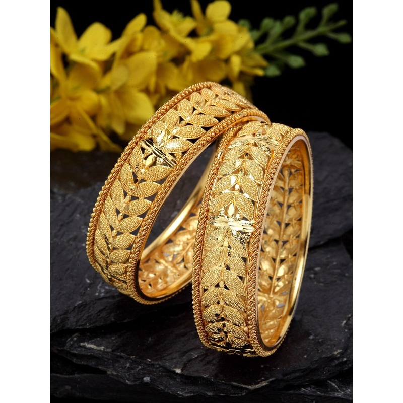 Shining Diva Set Of 2 Gold Plated Gold Toned Antique Bangles