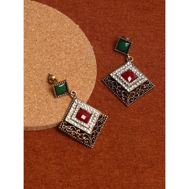 SOHI Green & White Geometric Drop Earrings