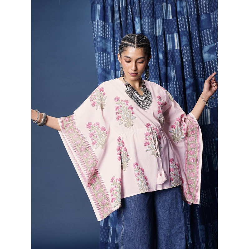 Taavi Floral Printed V-Neck Extended Sleeves Sanganeri Folk Kaftan Short Kurti