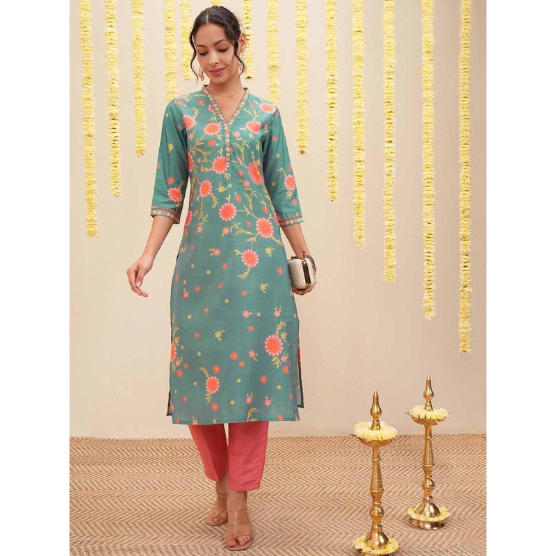 Vishudh Floral Printed V-Neck Straight Kurta