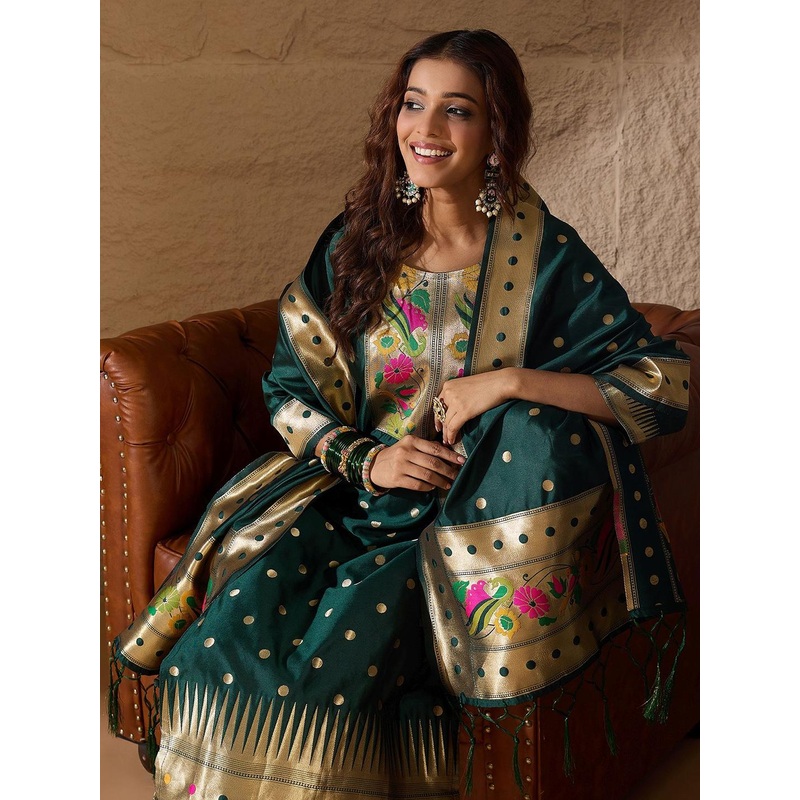 VredeVogel Women Floral Woven Design Kurta with Trousers & Dupatta