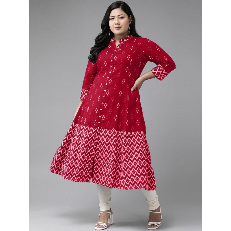 YASH GALLERY Plus Size Geometric Ikat Printed Cotton A-Line Kurta