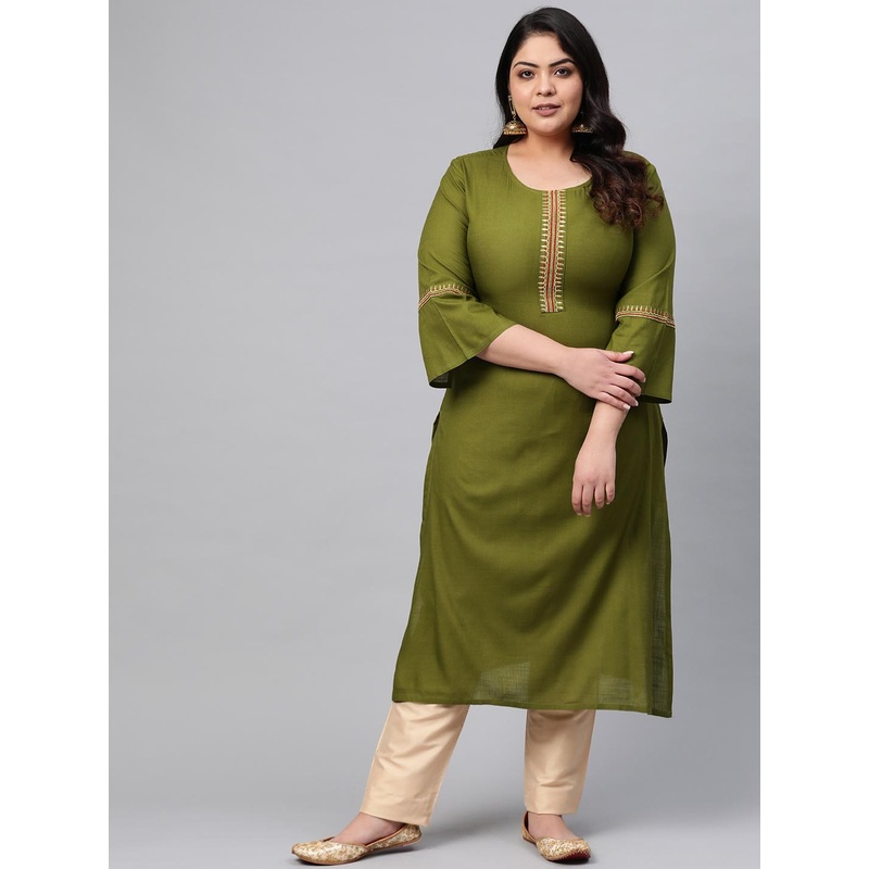 YASH GALLERY Plus Size Women Olive Green Solid Straight Kurta