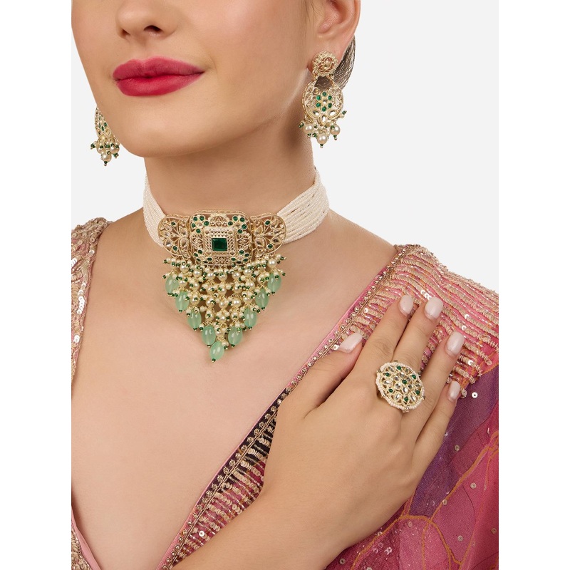 Zaveri Pearls Gold-Plated Stone Studded & Beaded Cascading Choker Jewellery Set