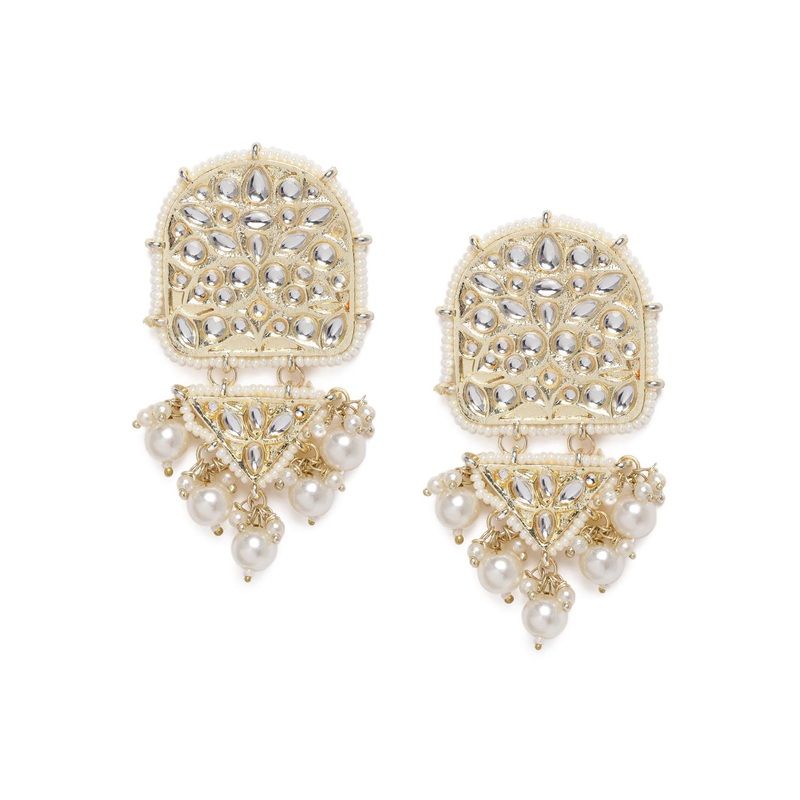 Zaveri Pearls Gold-Toned & White Kundan Studded Classic Drop Earrings