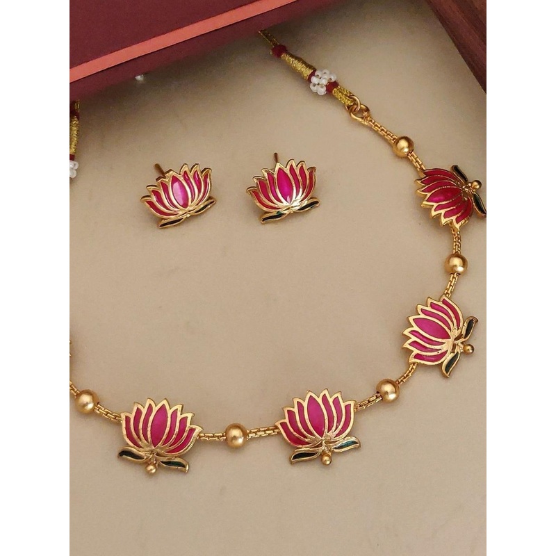 Zoey Gold-Plated Lotus Meenakari Jewellery Set