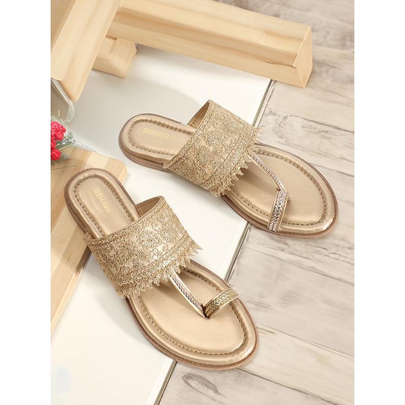 Anouk Gold-Toned Ethnic Embellished One Toe Flats