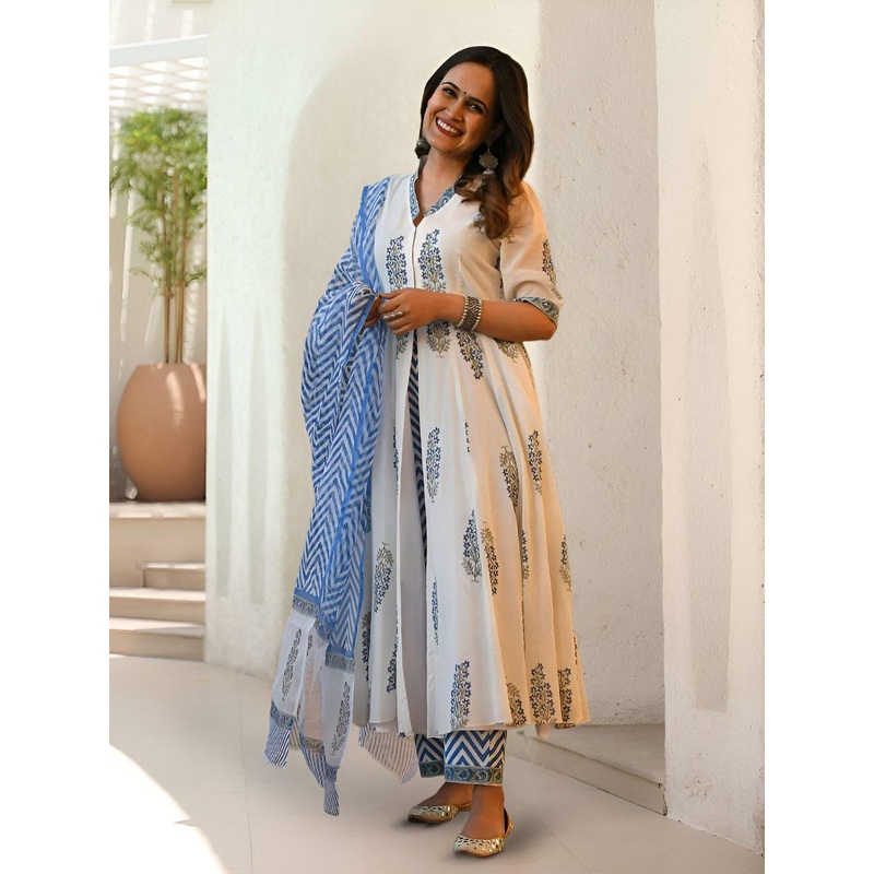 Anouk Rustic Women Ethnic Motifs Printed V Neck Anarkali Kurta with Trousers & Dupatta