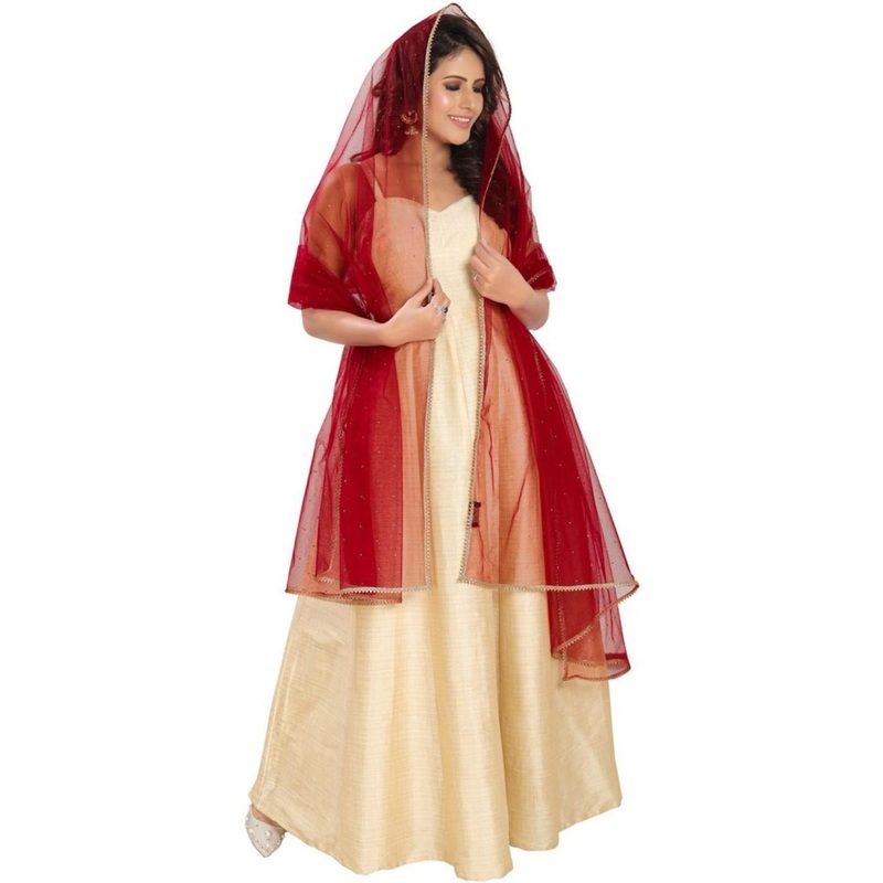 Avantrys Women Maroon Stone Sequins Embroidered Nylon Dupatta