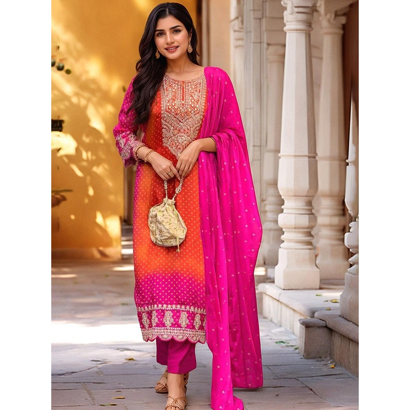 GoSriKi Women Ethnic Motifs Embroidered Sequinned Regular Kurta Set With Dupatta