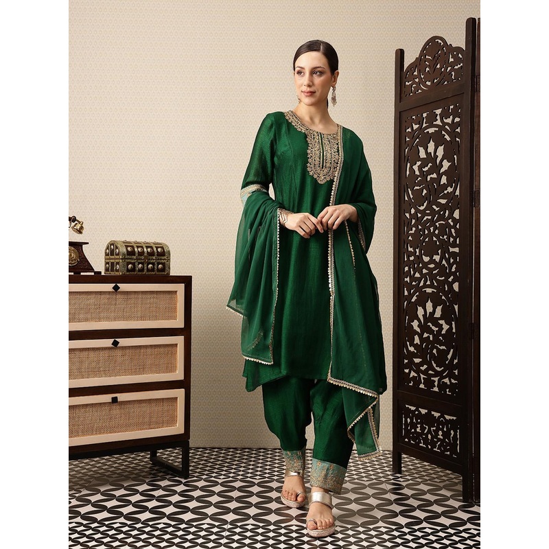 House of Pataudi Zari Sequined Floral Yoke Design Jashn Kurta with Salwar & With Dupatta