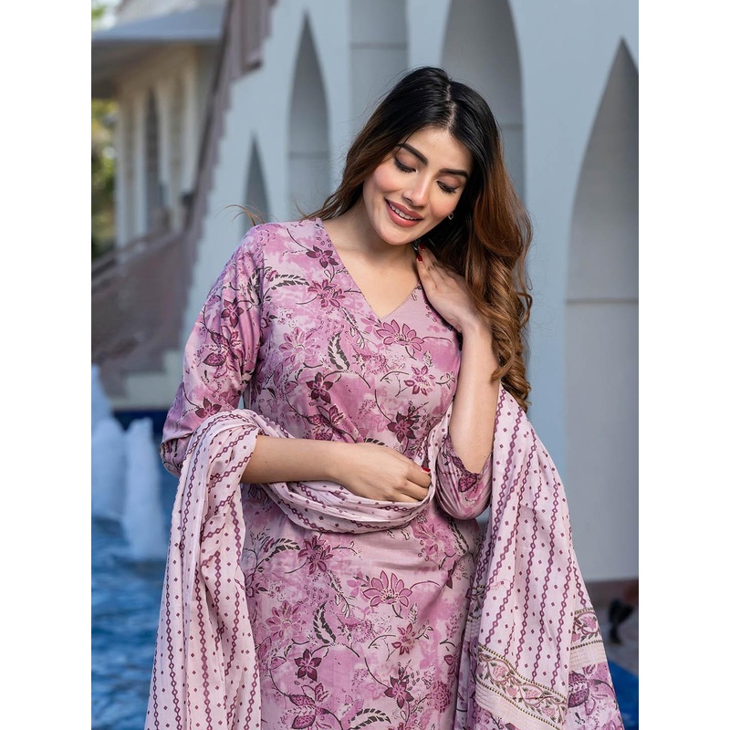 KALINI  Floral Printed V-Neck Pure Cotton Straight Kurta With Palazzos & Dupatta