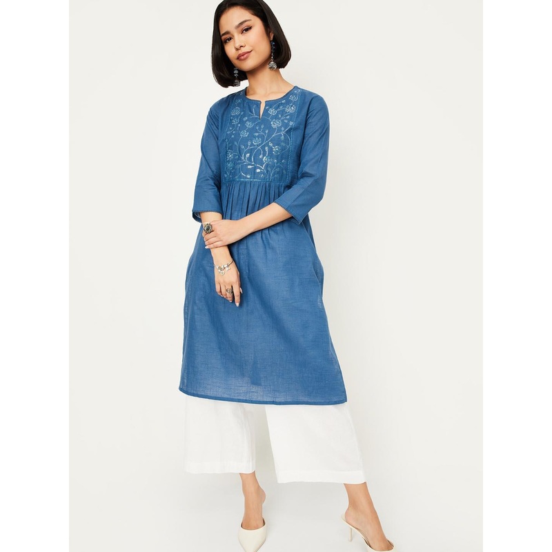 max Sequinned Pleated Notch Neck Pure Cotton A-Line Kurta