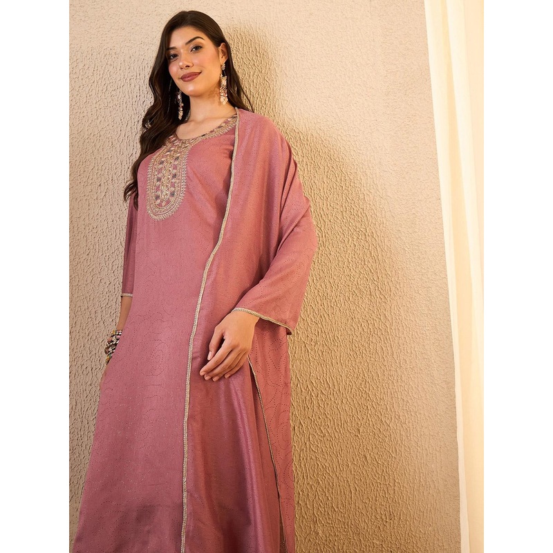 Royal Export Floral Embroidered Round Neck Thread Work Kurta With Trousers & Dupatta