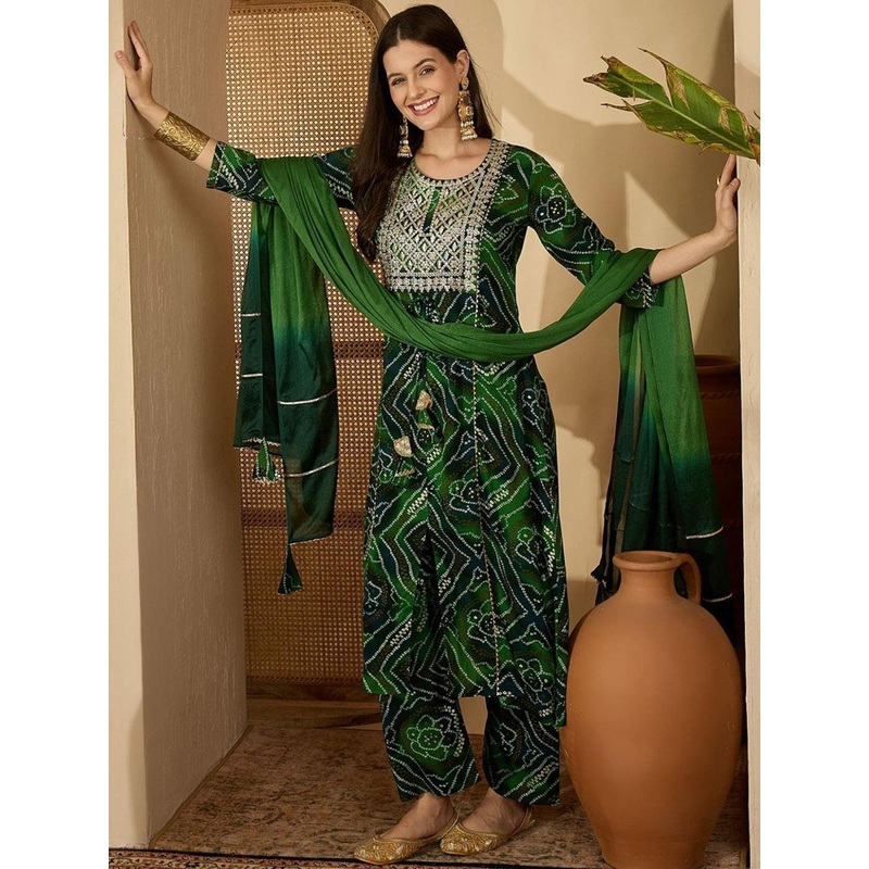 Sangria Bandhani Printed Round Neck Sequinned A-Line Kurta And Trousers With Dupatta