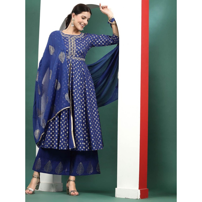 Sangria Blue Floral Embroidered Pure Cotton A-Line Kurta & Trousers With Dupatta