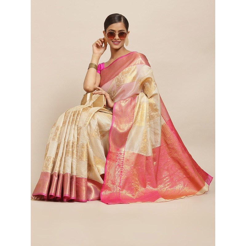 Silk Land Beige & Pink Woven Design Zari Jute Silk Tussar Saree