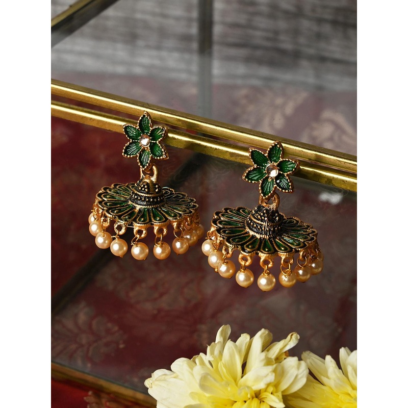 TEEJH Gold-Plated Contemporary Jhumkas Earrings