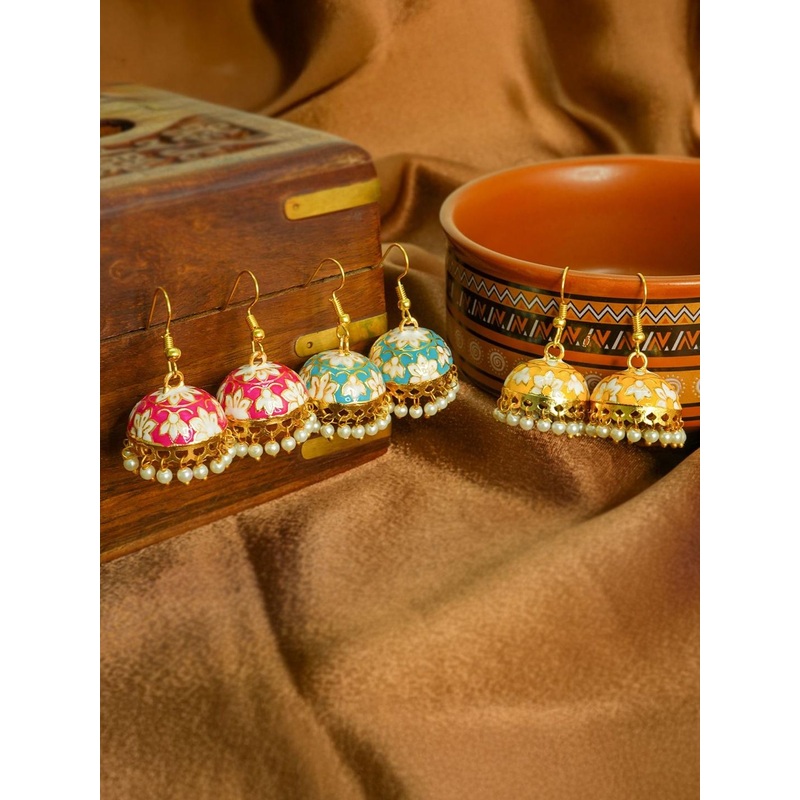 Vesara Set of 3 Gold-Plated Pearls Beaded Meenakari Dome Shaped Jhumka Earrings