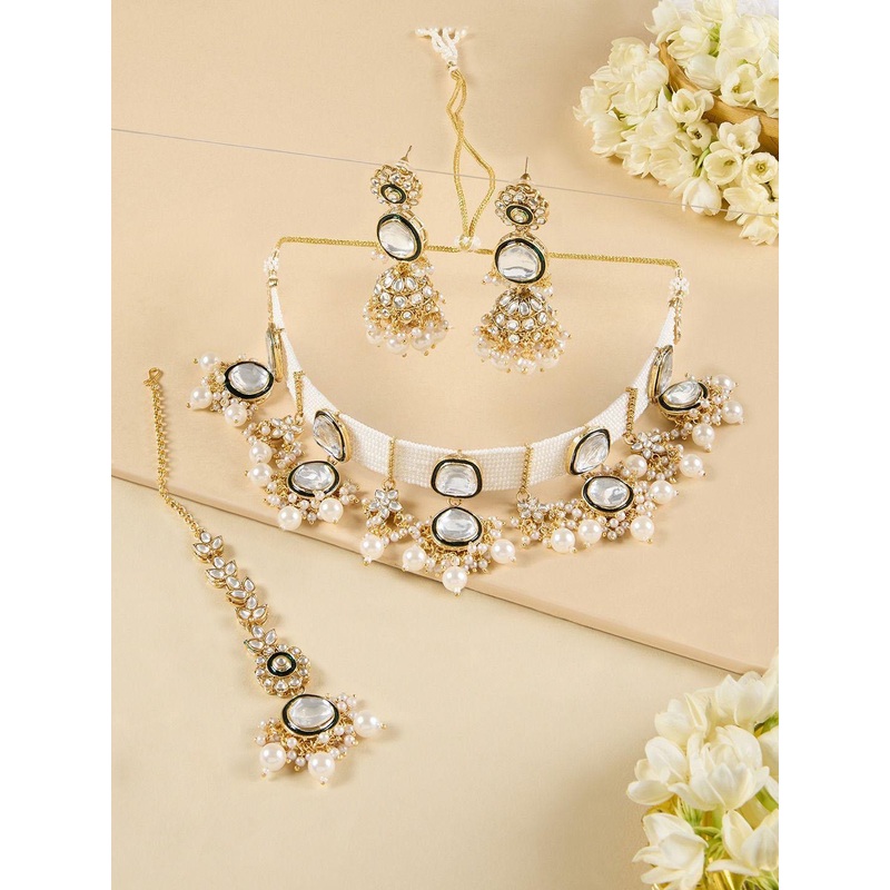 Zaveri Pearls Gold-Plated Stone Studded & Beaded Meenakari Jewellery Set