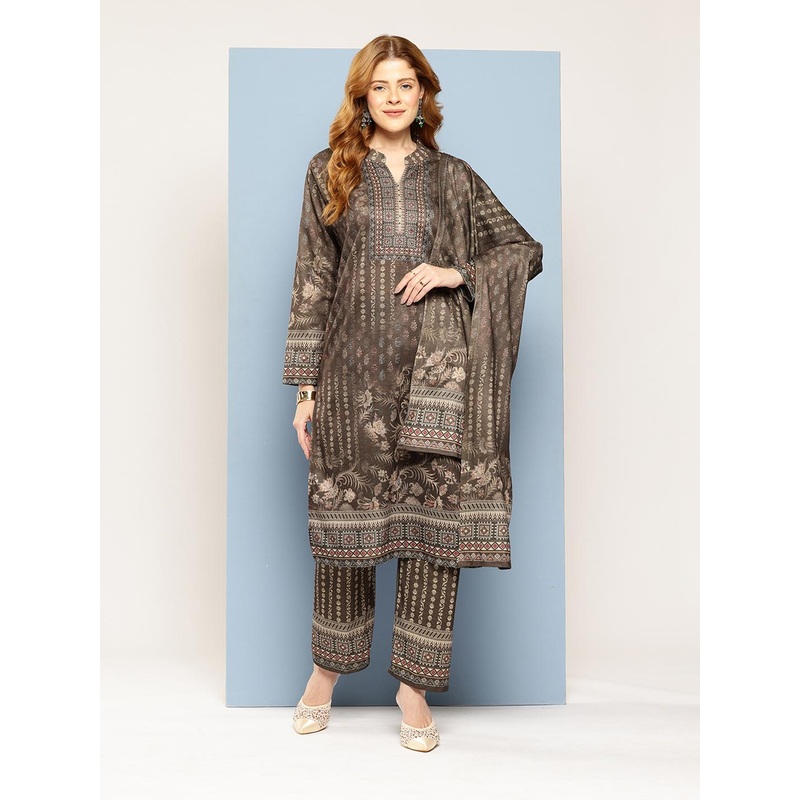 Aarika Women Ethnic Motifs Printed Pure Wool Kurta with Trousers & With Dupatta